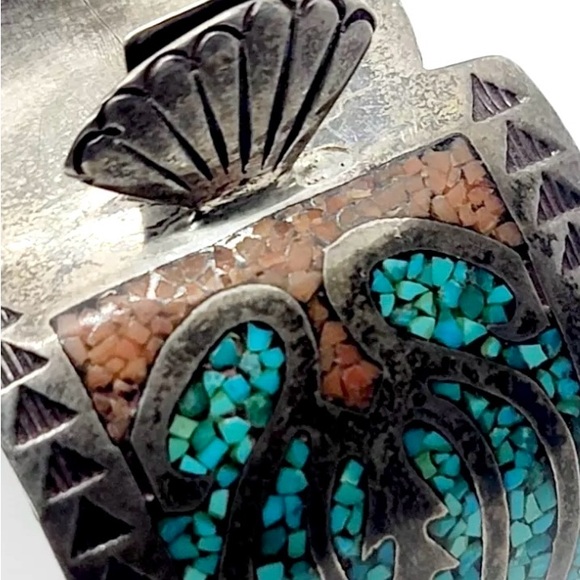 Signed - Thomas Singer, Navajo Crushed Turquoise & Coral Inlay Watch Cuff - Picture 3 of 11